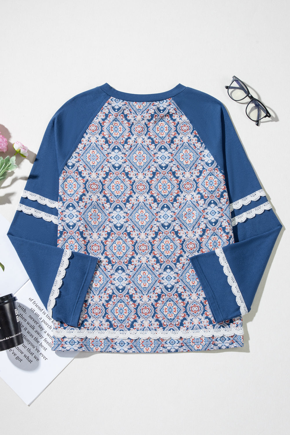PRE-ORDER: Blue Boho Geometric Print Lace Raglan
