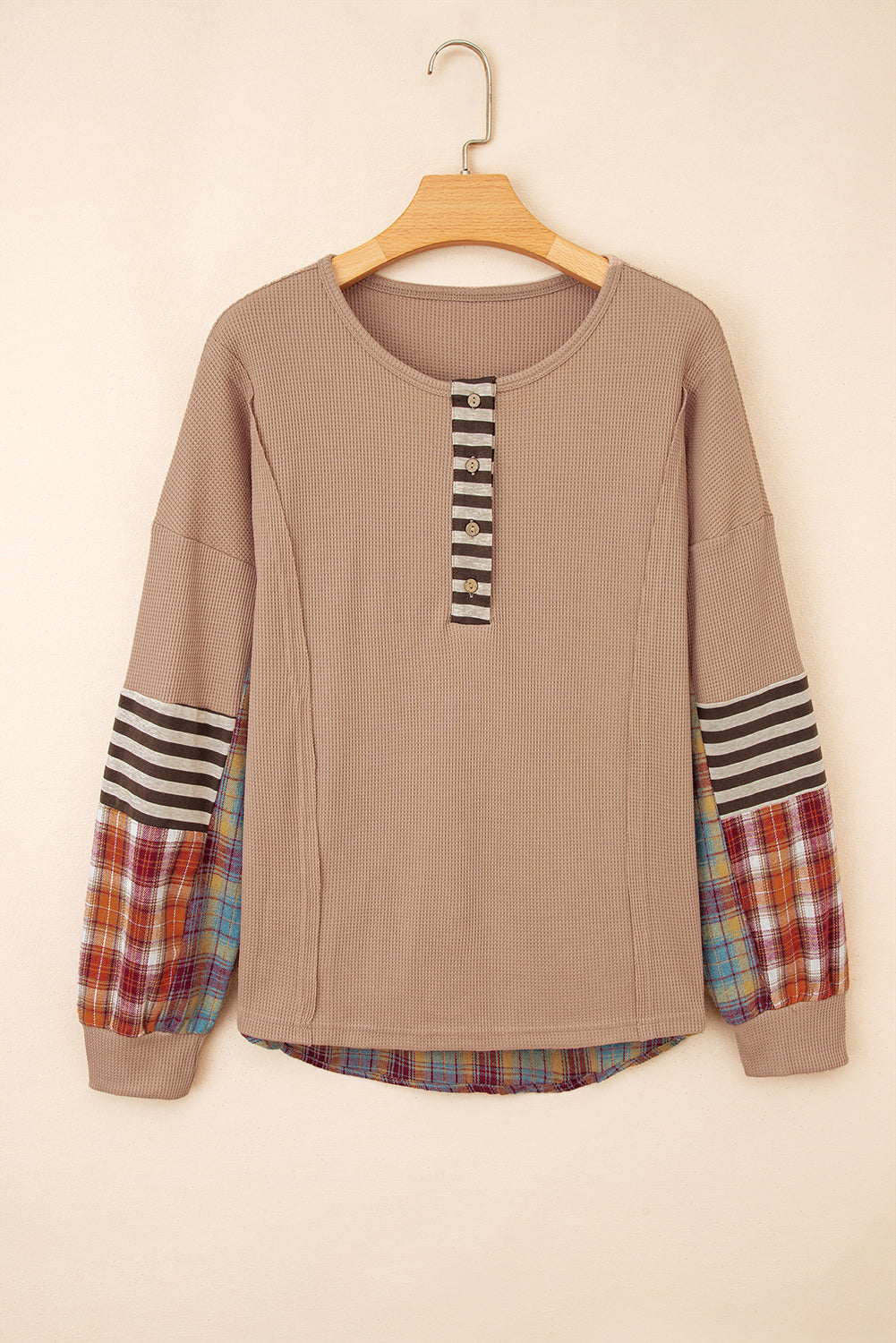 Striped Plaid Patchwork Waffle Knit Top