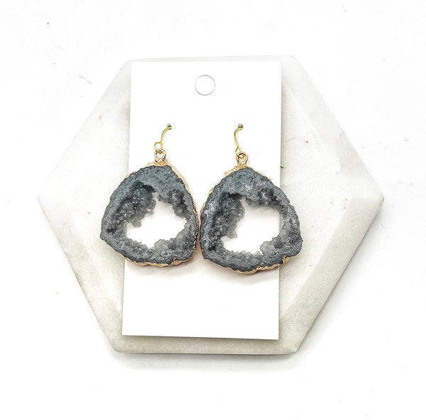 Grey Gray Agate Slice Resin Statement Earrings