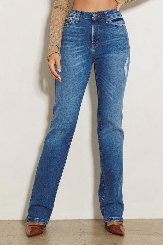 High Rise Subtle Distressed Straight Jeans