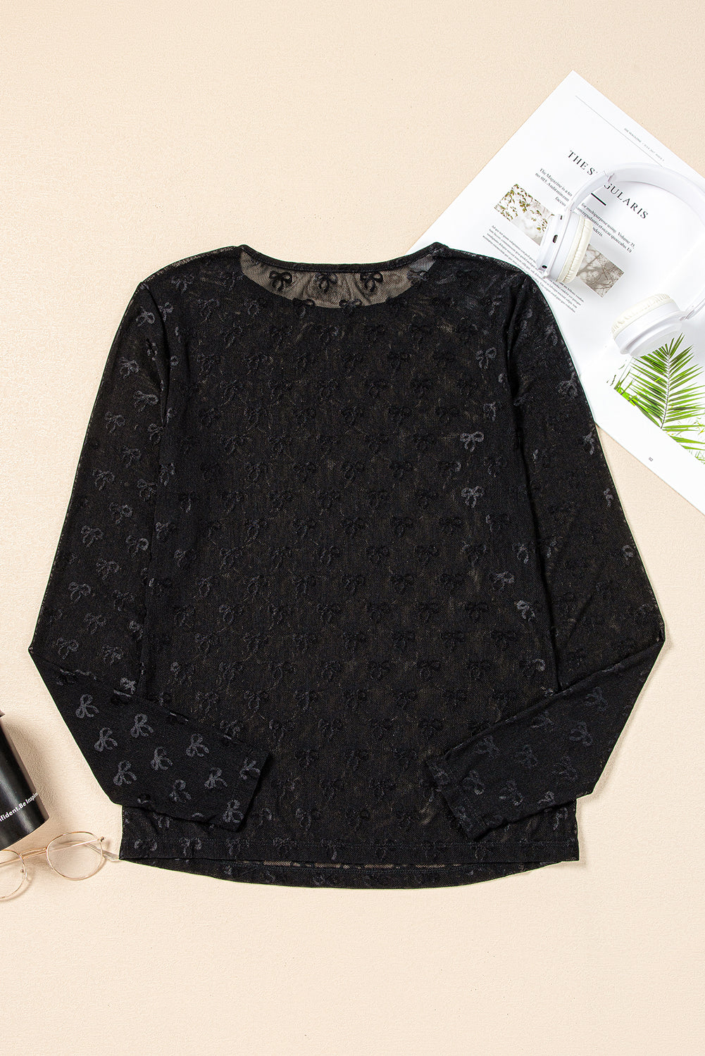 PRE-ORDER: Bow Pattern Long Sleeve Slim Fit Mesh Top