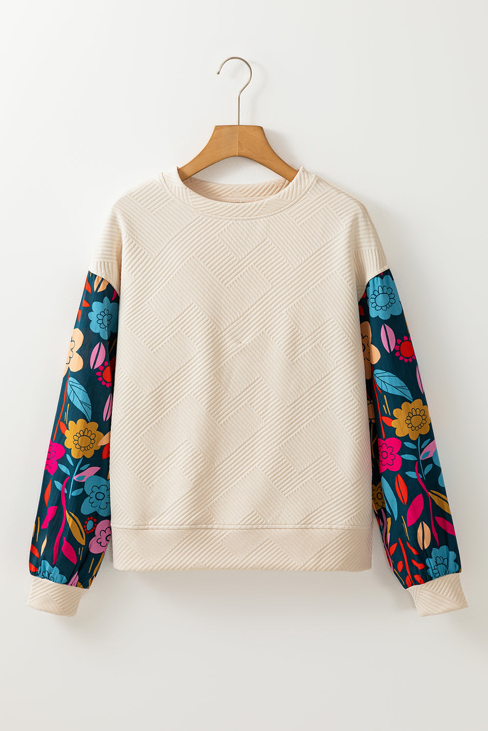 PRE-ORDER: Vintage Flower Patchwork Sleeve Textured Top