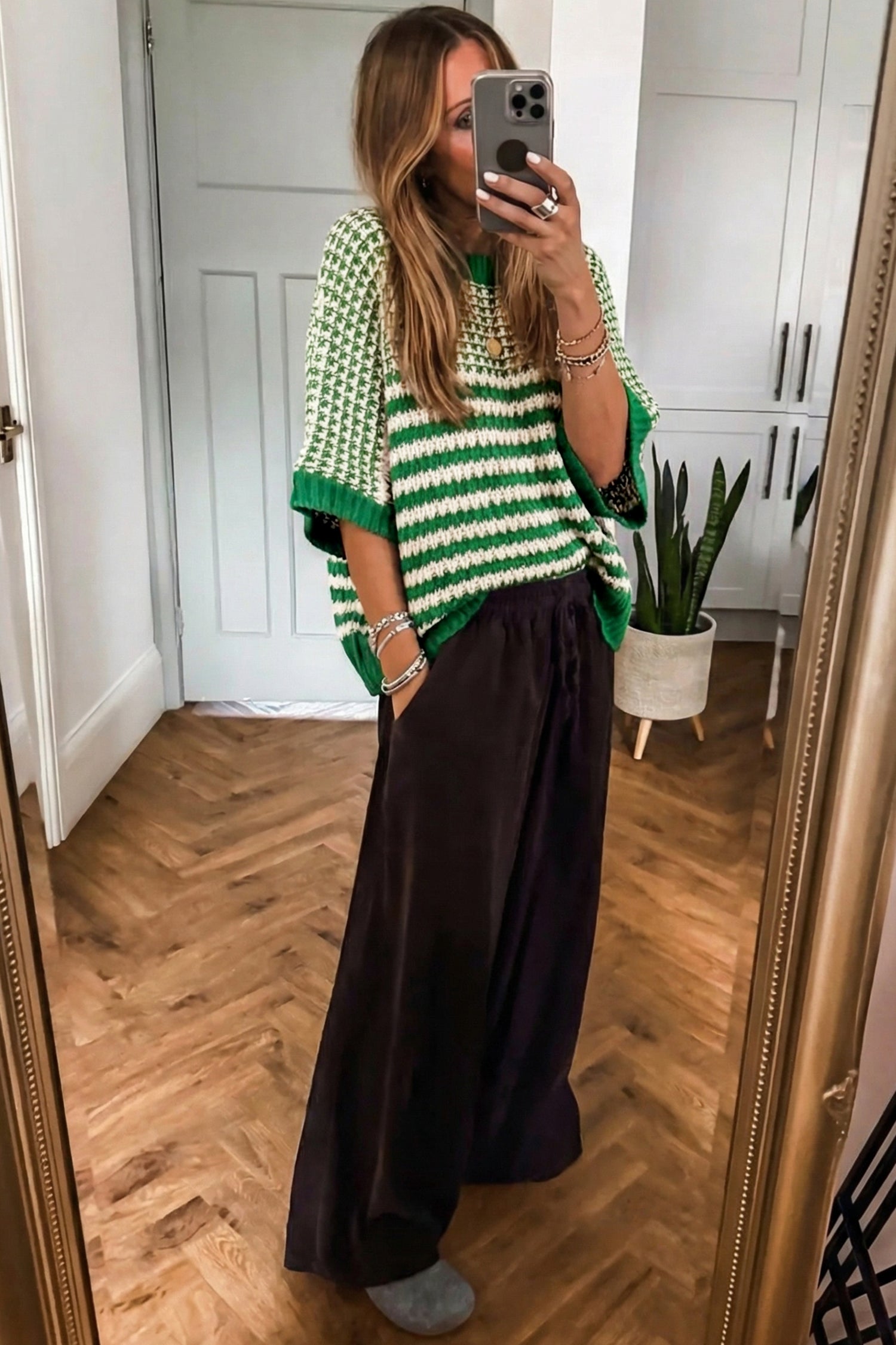 PRE-ORDER: Striped 3/4 Draped Sleeve Slouchy Sweater