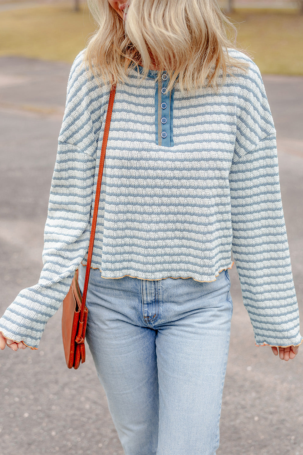 Striped Textured Frilly Trim Henley Long Sleeve Top