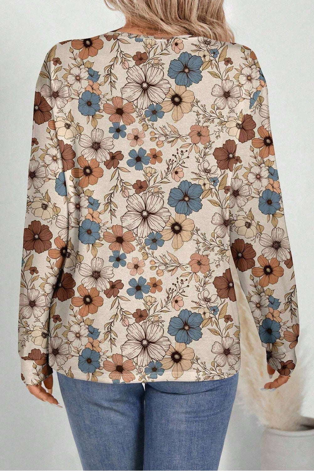PRE-ORDER: Khaki Allover Floral Print Crew Neck Long Sleeve Top