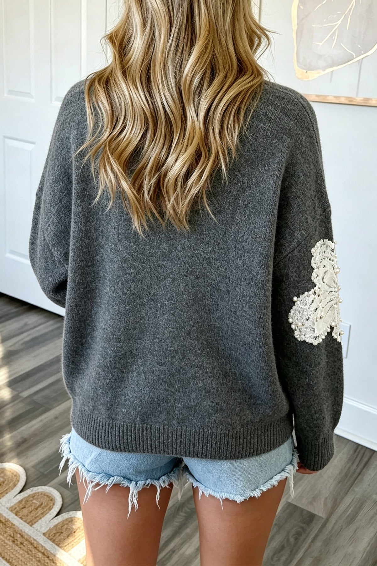 PRE-ORDER: Dark Grey Beaded Floral Accent Casual Round Neck Sweater