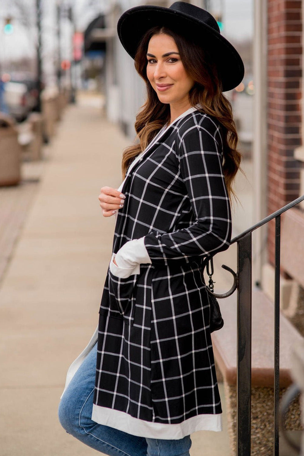 Black Plaid Colorblock Edge Cardigan with Pockets