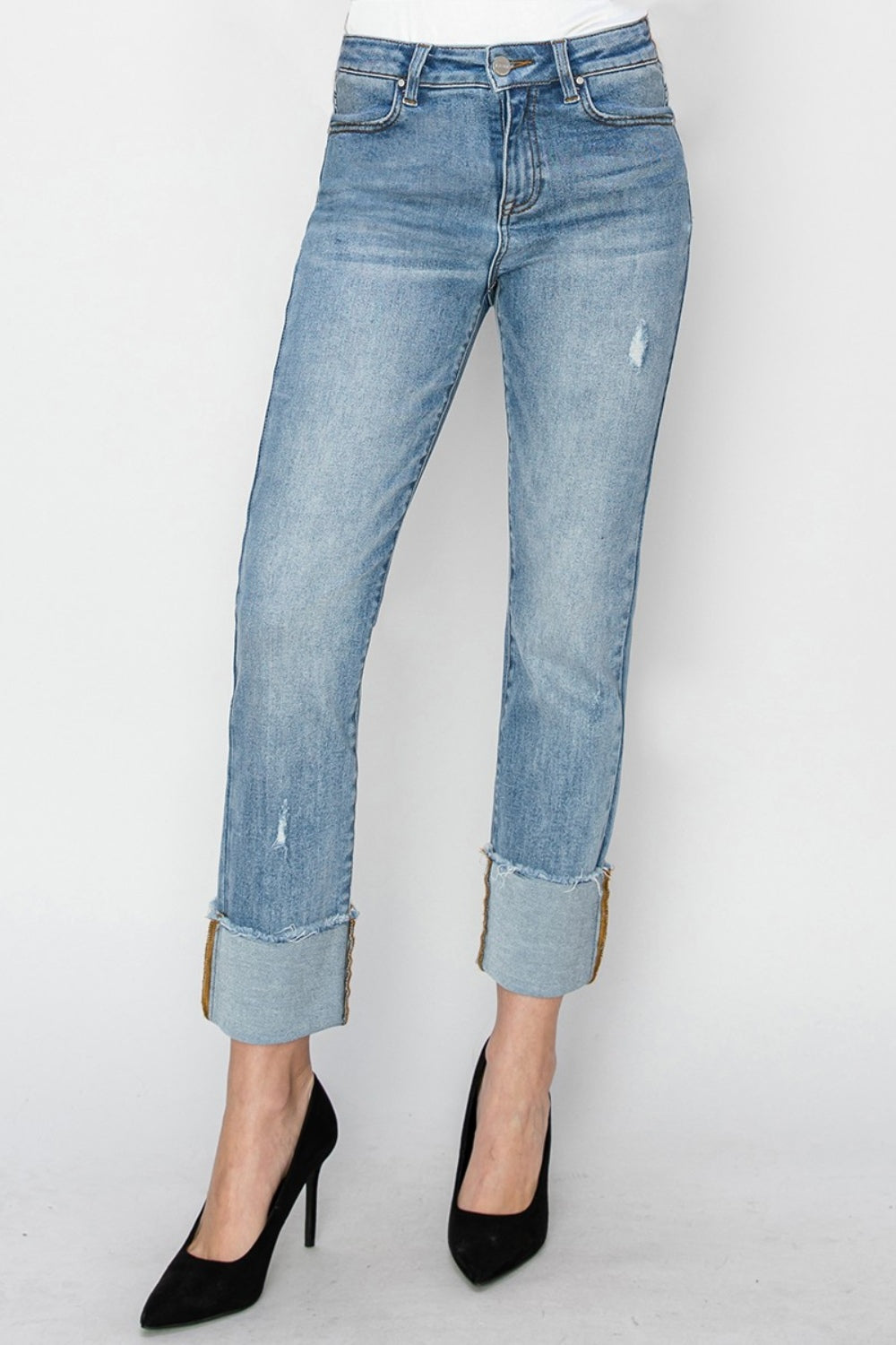 High Rise Cuffed Slim Straight Jeans