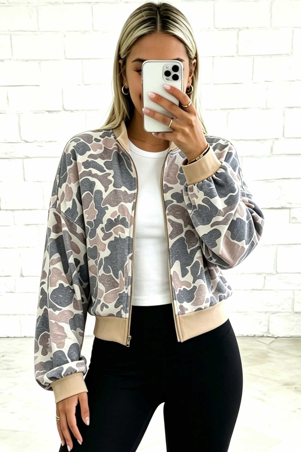 PRE-ORDER: Camouflage Color Block Trim Zip Bomber