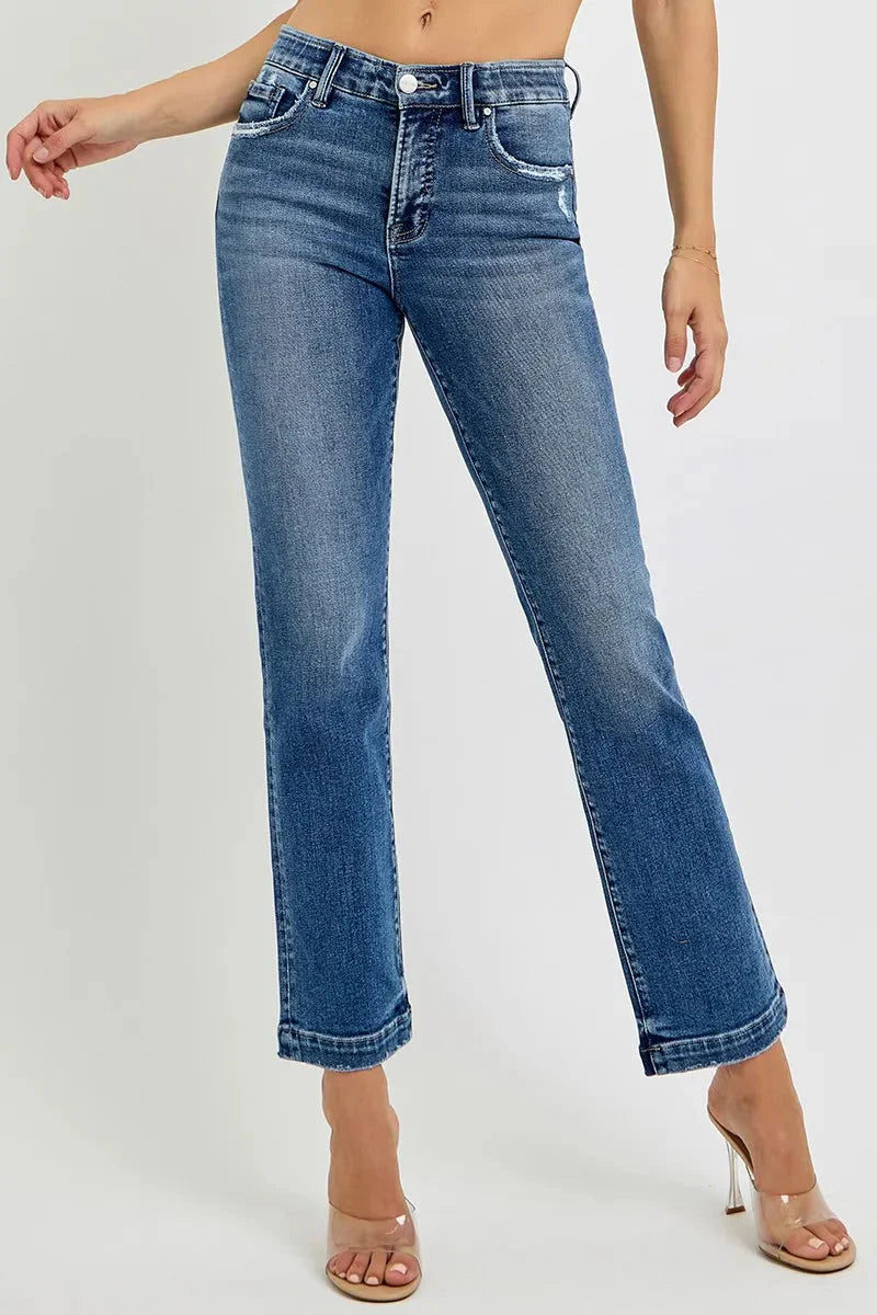 Tummy Control Elastic Band Mid Rise Straight Jeans