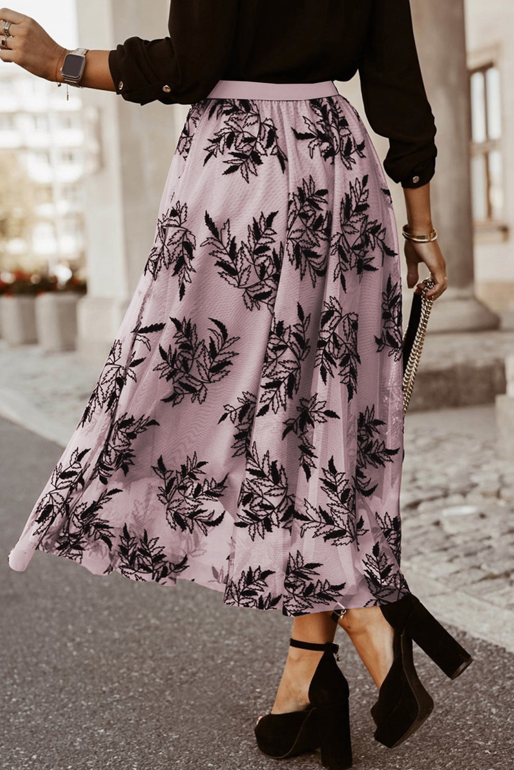 Peach Blossom Floral Embroidered High Waist Maxi Skirt