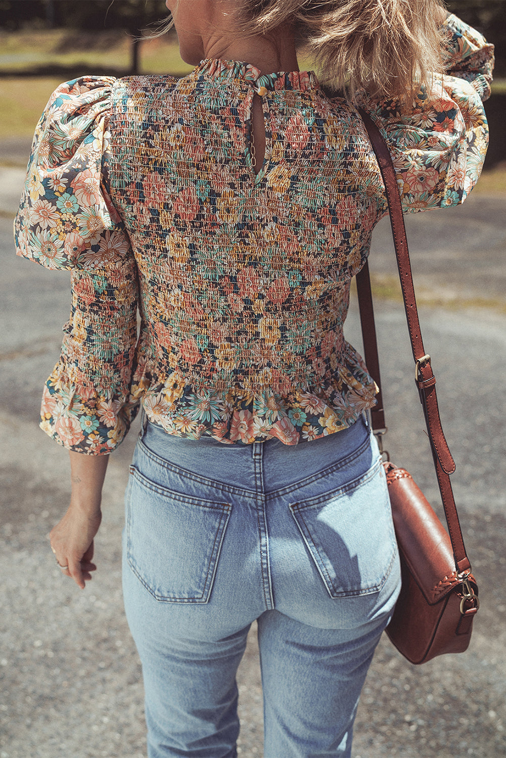 Yellow Floral Smocked Bubble Sleeve Crop Top