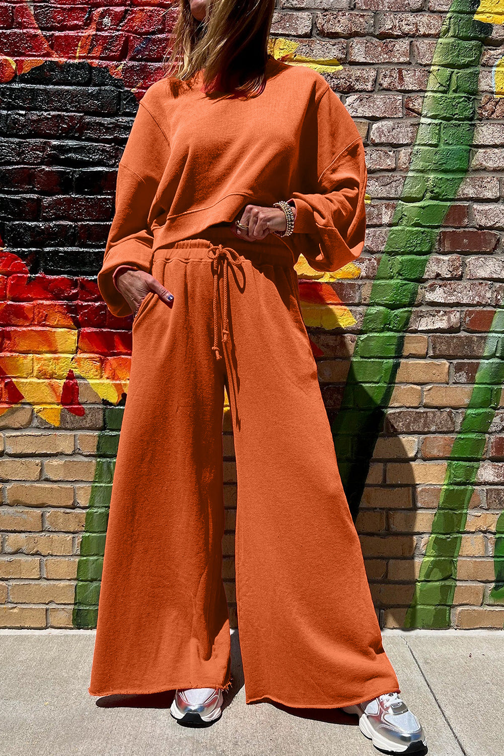 Drop Shoulder Crop Pullover Drawstring Wide Leg Pants Set