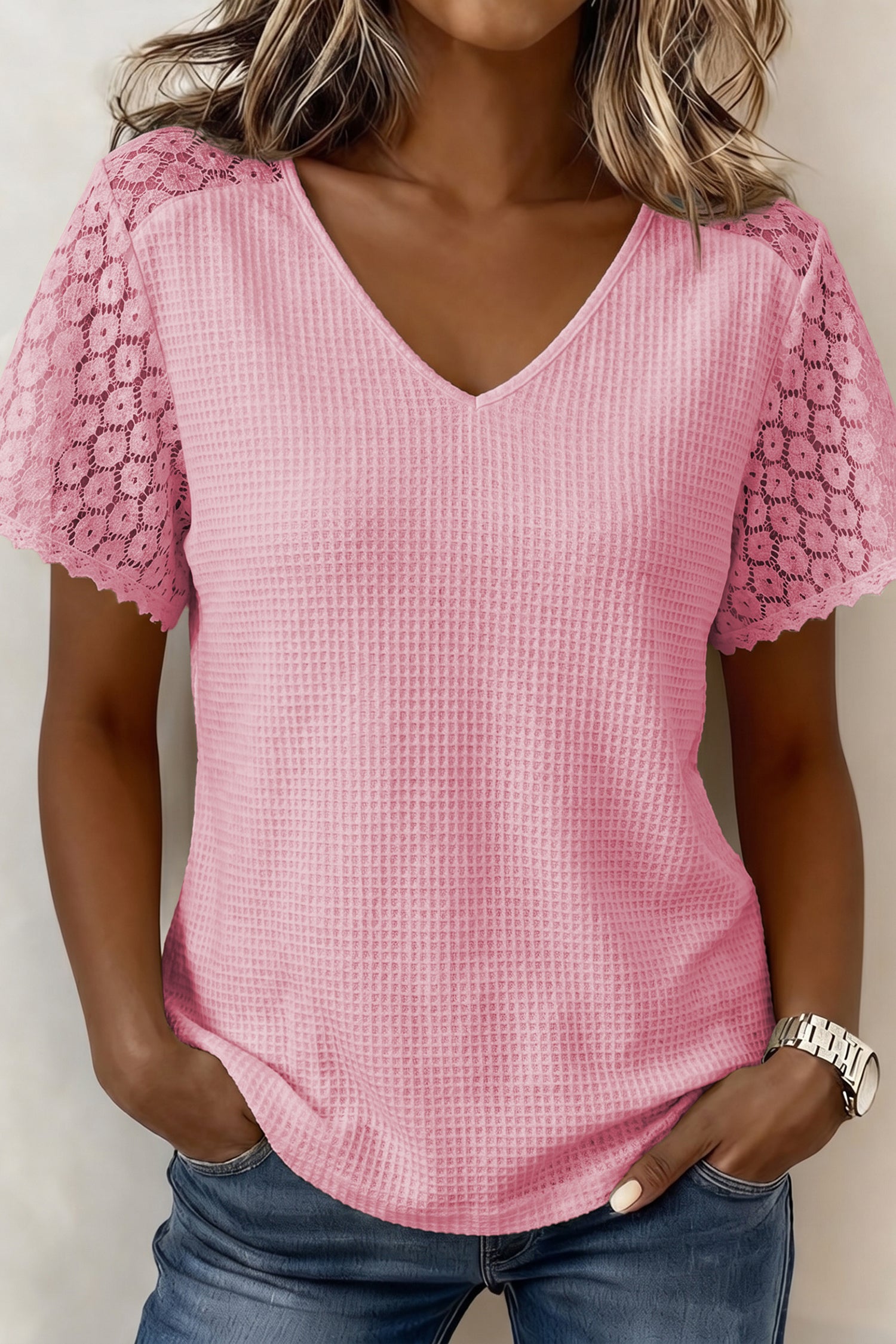 PRE-ORDER: Lace Splicing Button V Neck Waffle Knit Blouse
