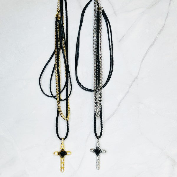 Layered Black Rose Cross Necklace