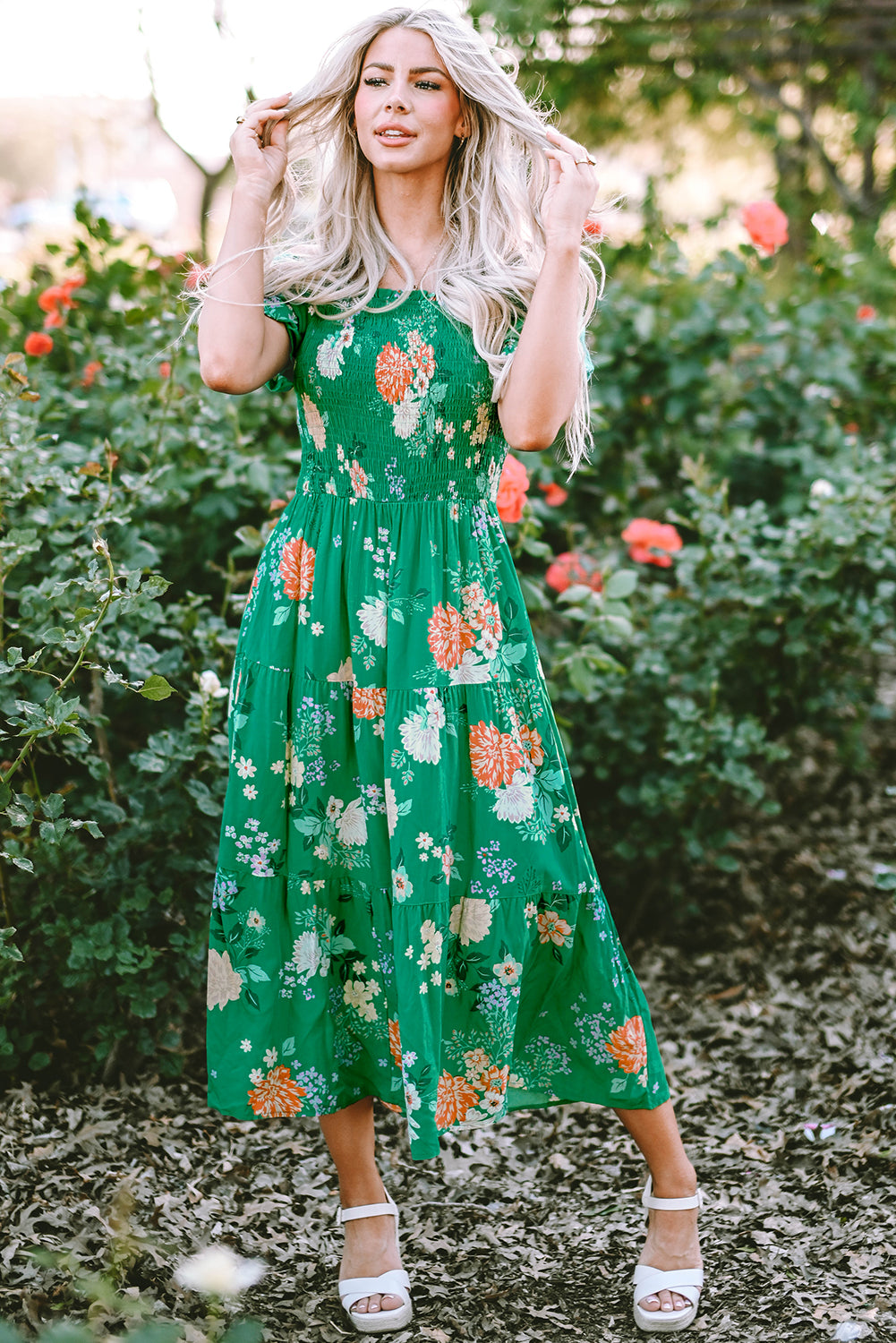 Floral Print Bubble Sleeve Smocked Tiered Midi Dress