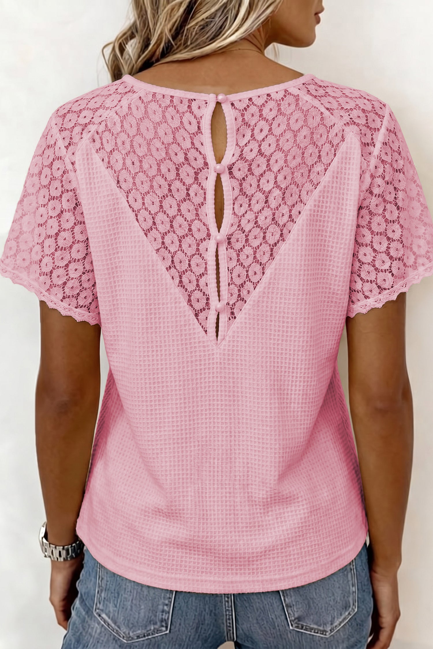 PRE-ORDER: Lace Splicing Button V Neck Waffle Knit Blouse