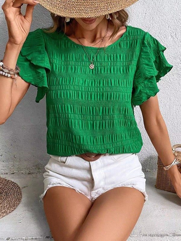 Textured ruffle sleeve blouse