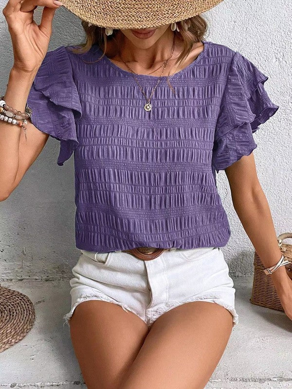 Textured ruffle sleeve blouse