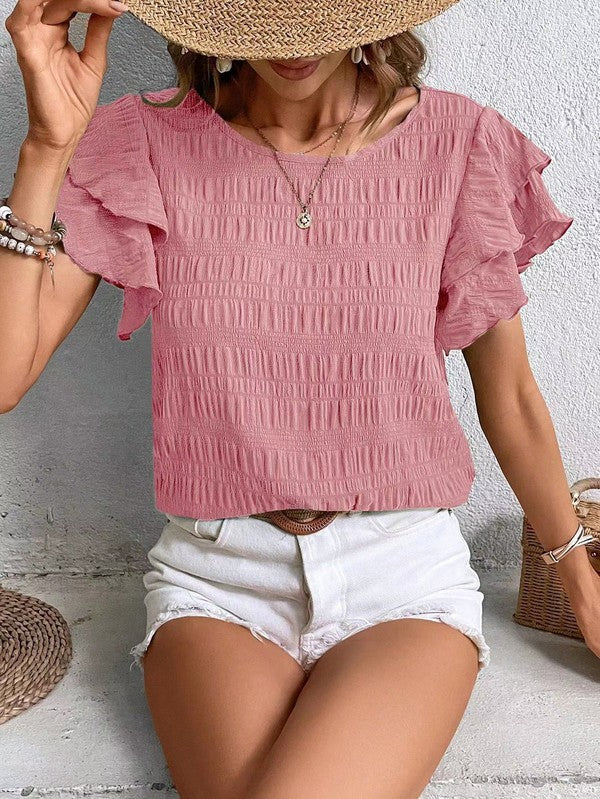 Textured ruffle sleeve blouse