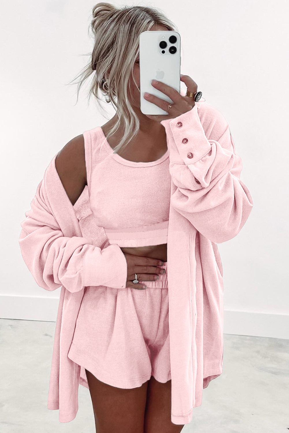 PRE-ORDER: Shirred Hem Crop Tank Top Loose Shorts Cardigan 3 Piece Pajama Set