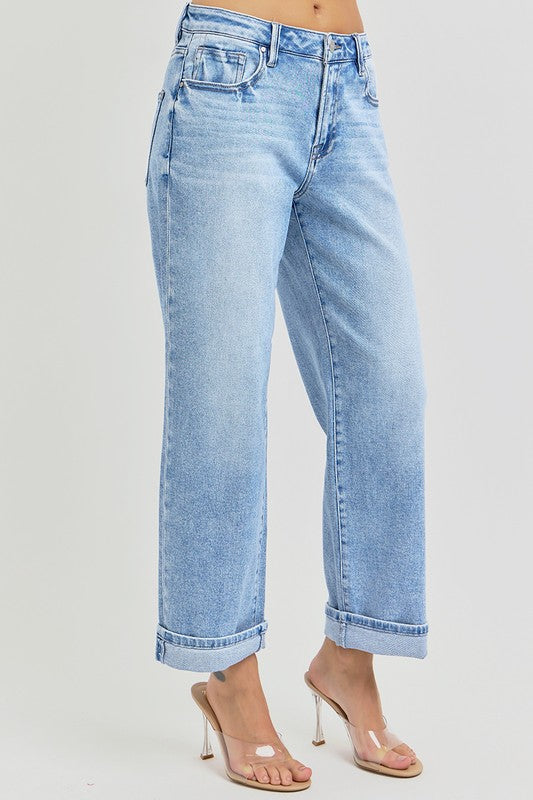 Ankle Wide Leg Cuffed Jeans Plus Size