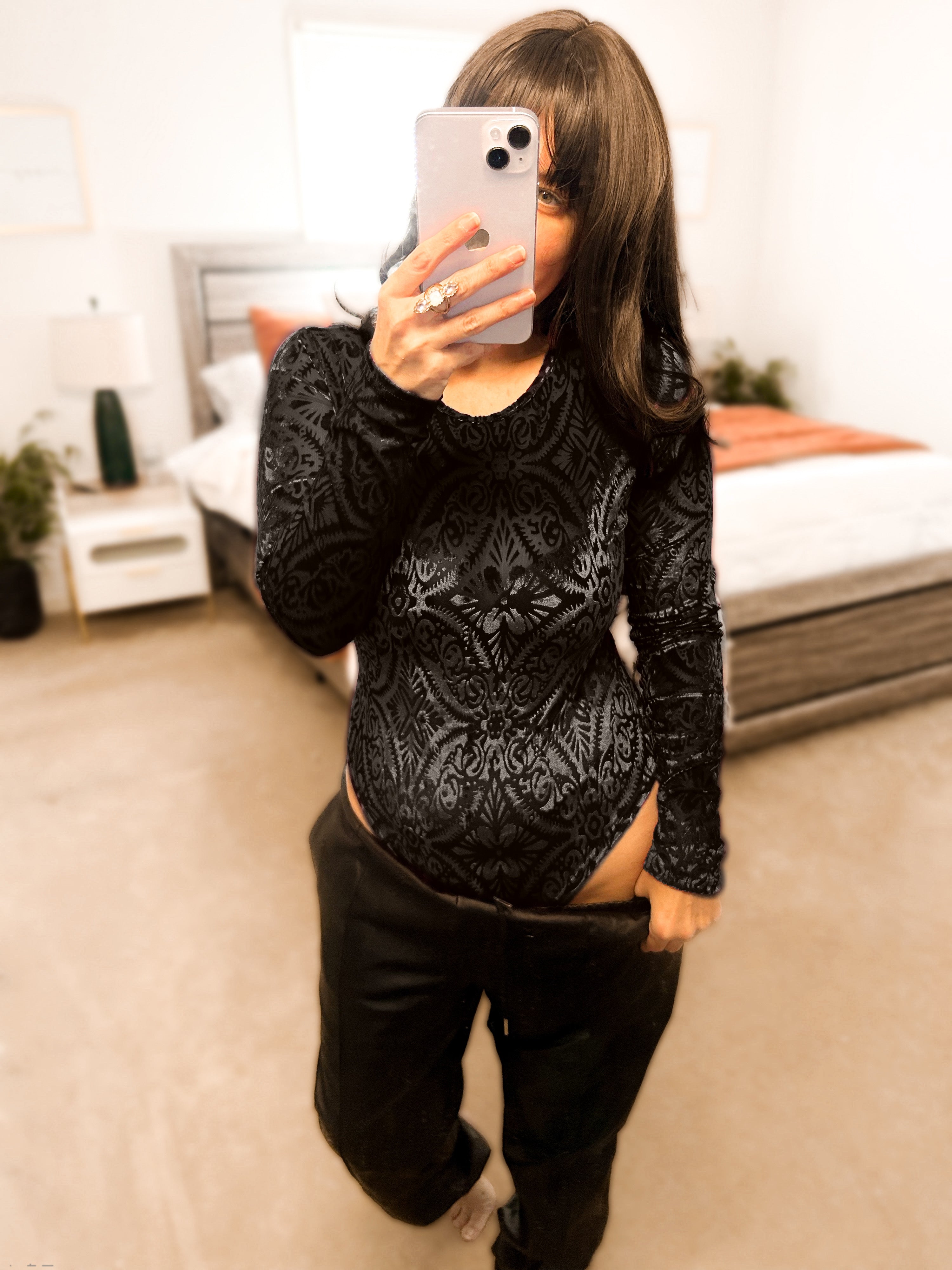 Micha Mesh & Velvet Crewneck Bodysuit