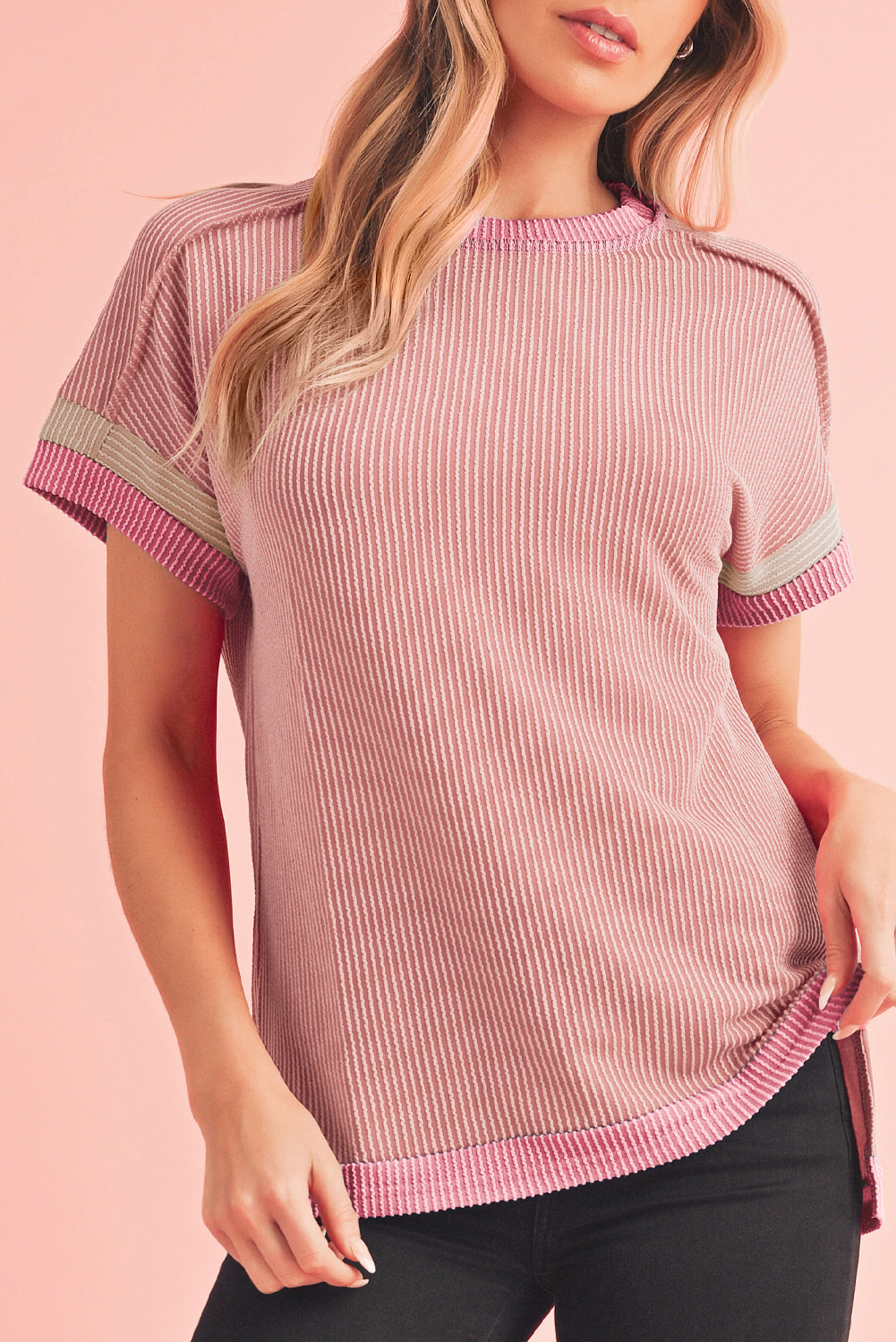 PRE-ORDER: Textured Contrast Color Round Neck T Shirt