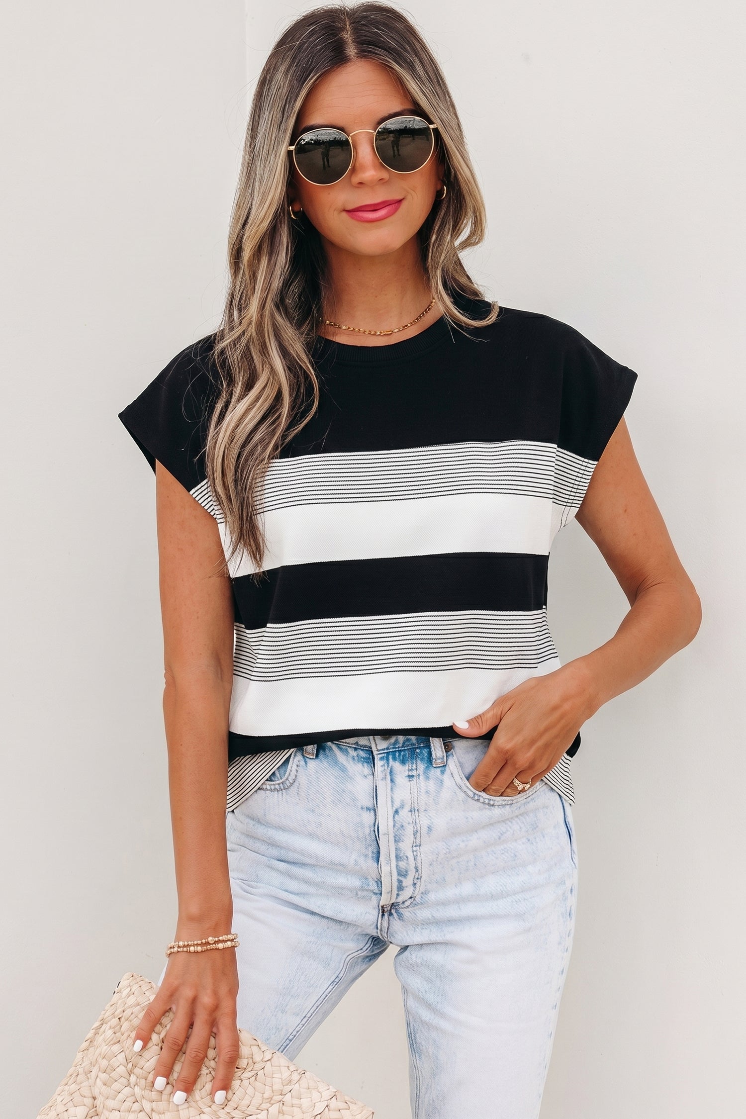 PRE-ORDER: Striped Crew Neck Cap Sleeve Tee