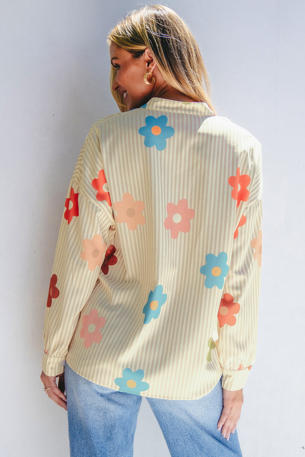 Striped Flower Print Collared Button down Top