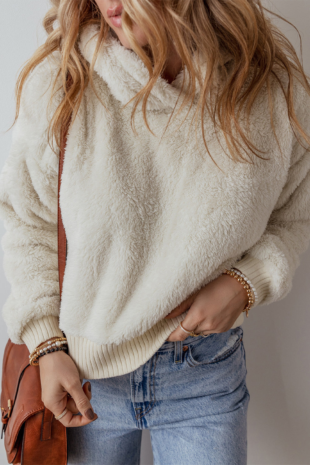 White Ribbed Edge Plush Hoodie