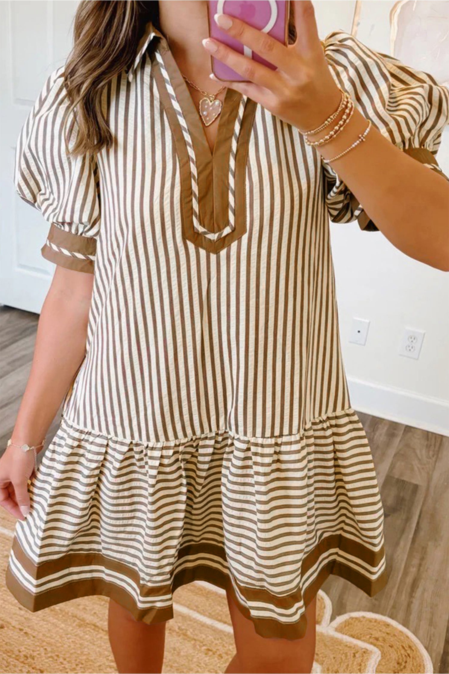 PRE-ODER: Brown Stripe Ruffle Hem Shirt Dress