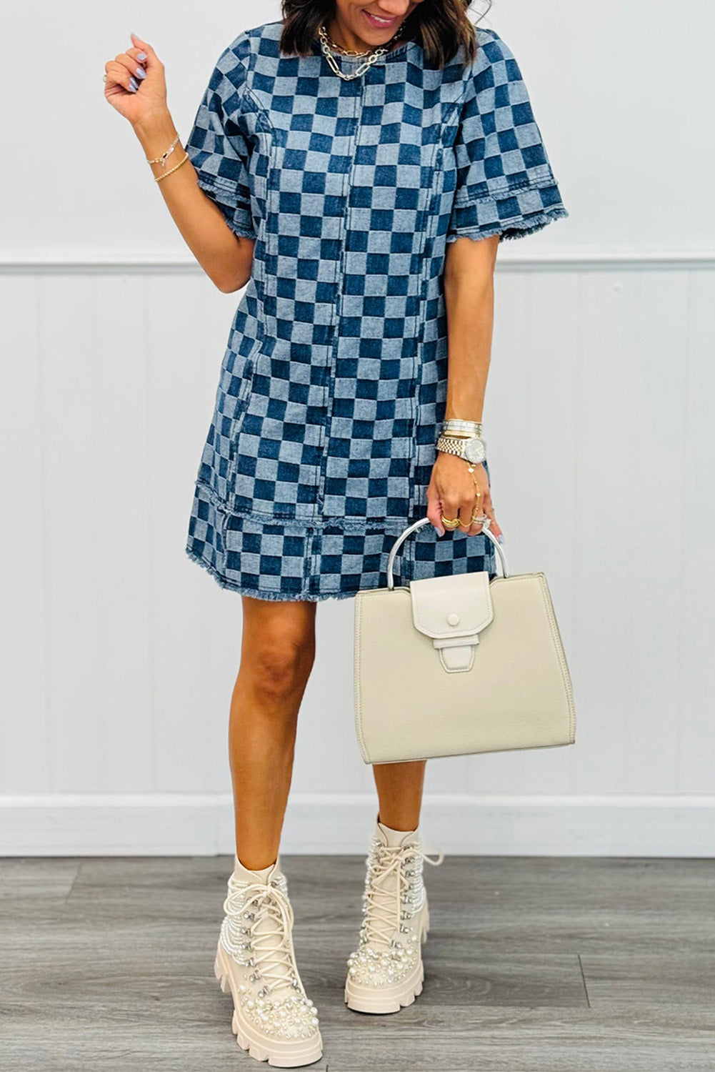 PRE-ORDER: Sky Blue Frayed Hem Checkered Denim Mini Dress