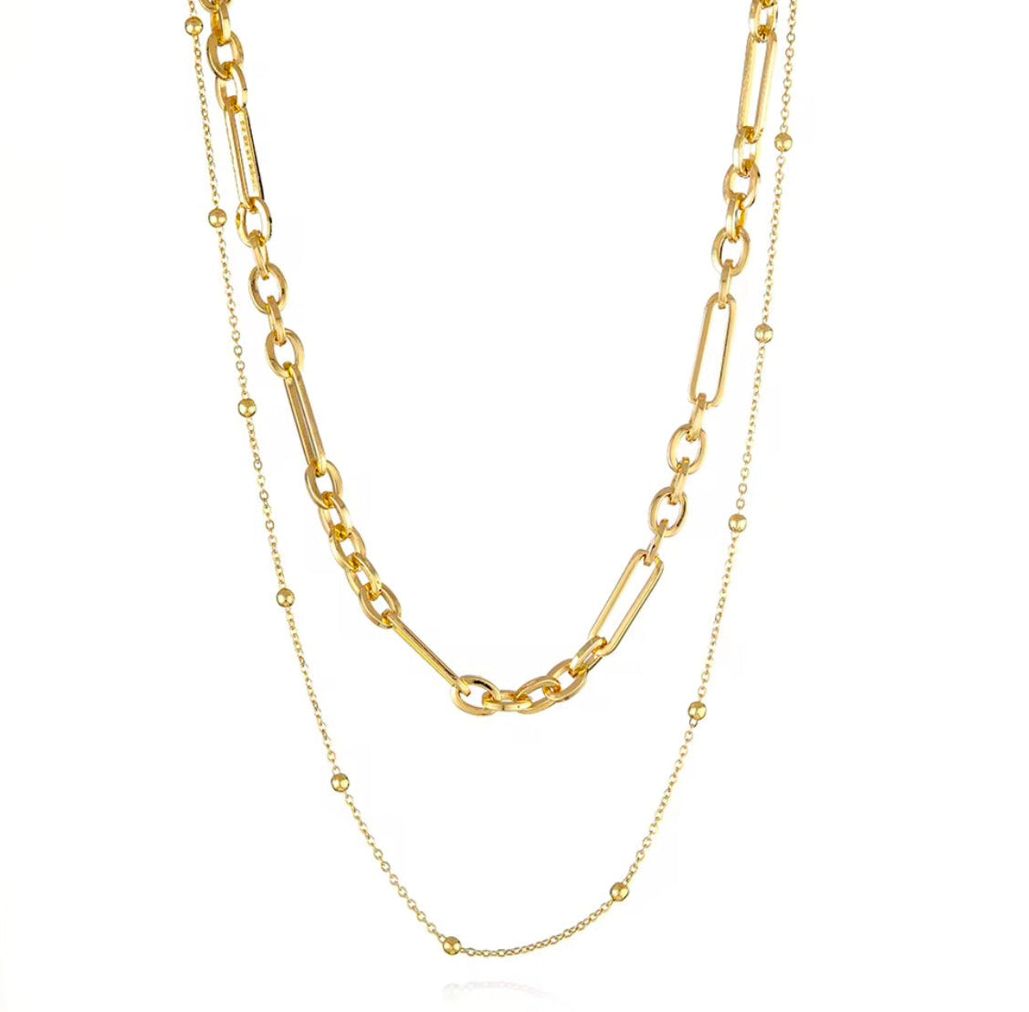 Double Layered Charm Bar Necklaces - Mixed Link 18k