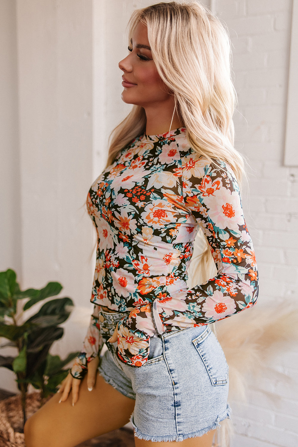 Orange Floral Mesh Long Sleeve Top