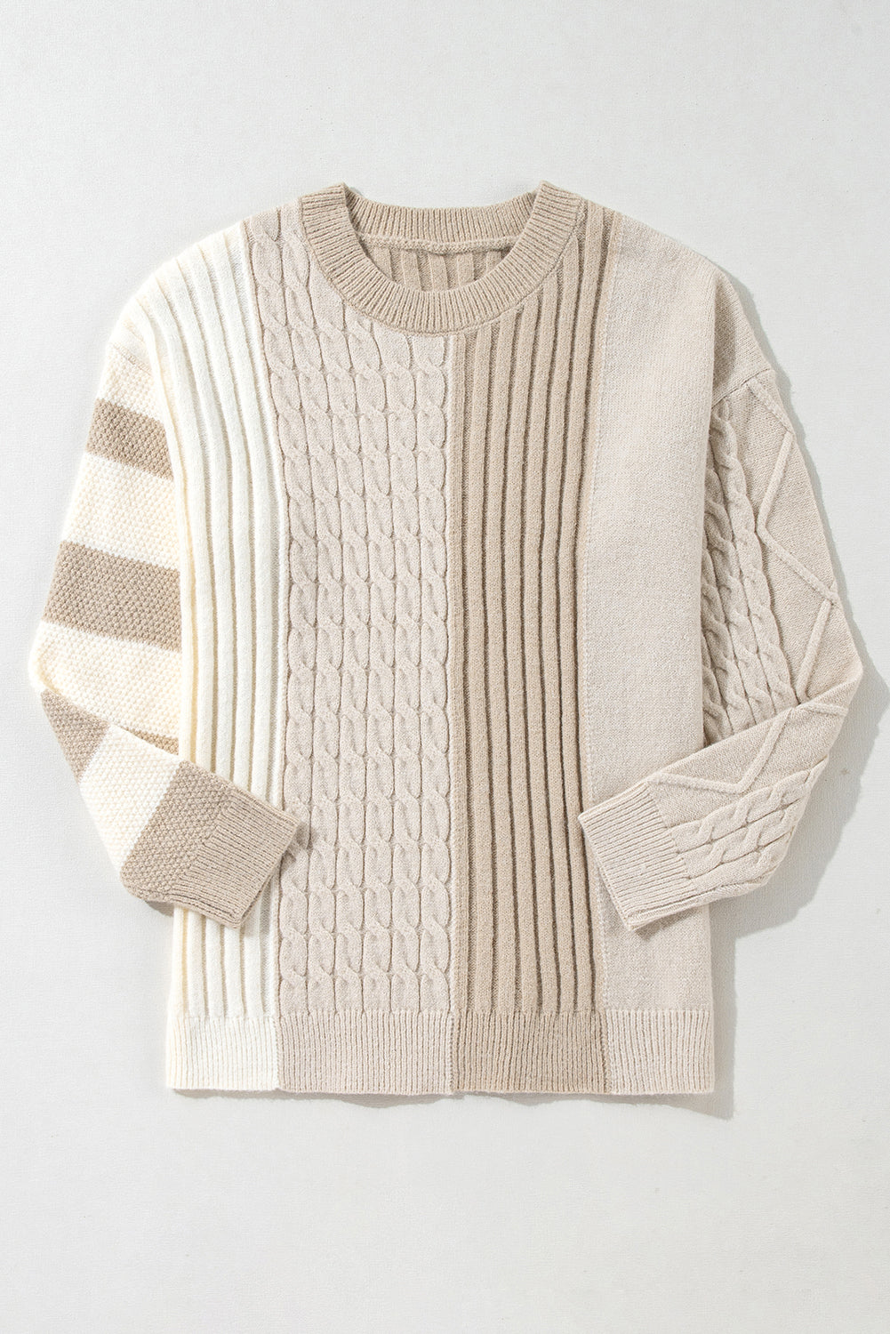 Khaki Cable Knit Colorblock Drop Shoulder Sweater