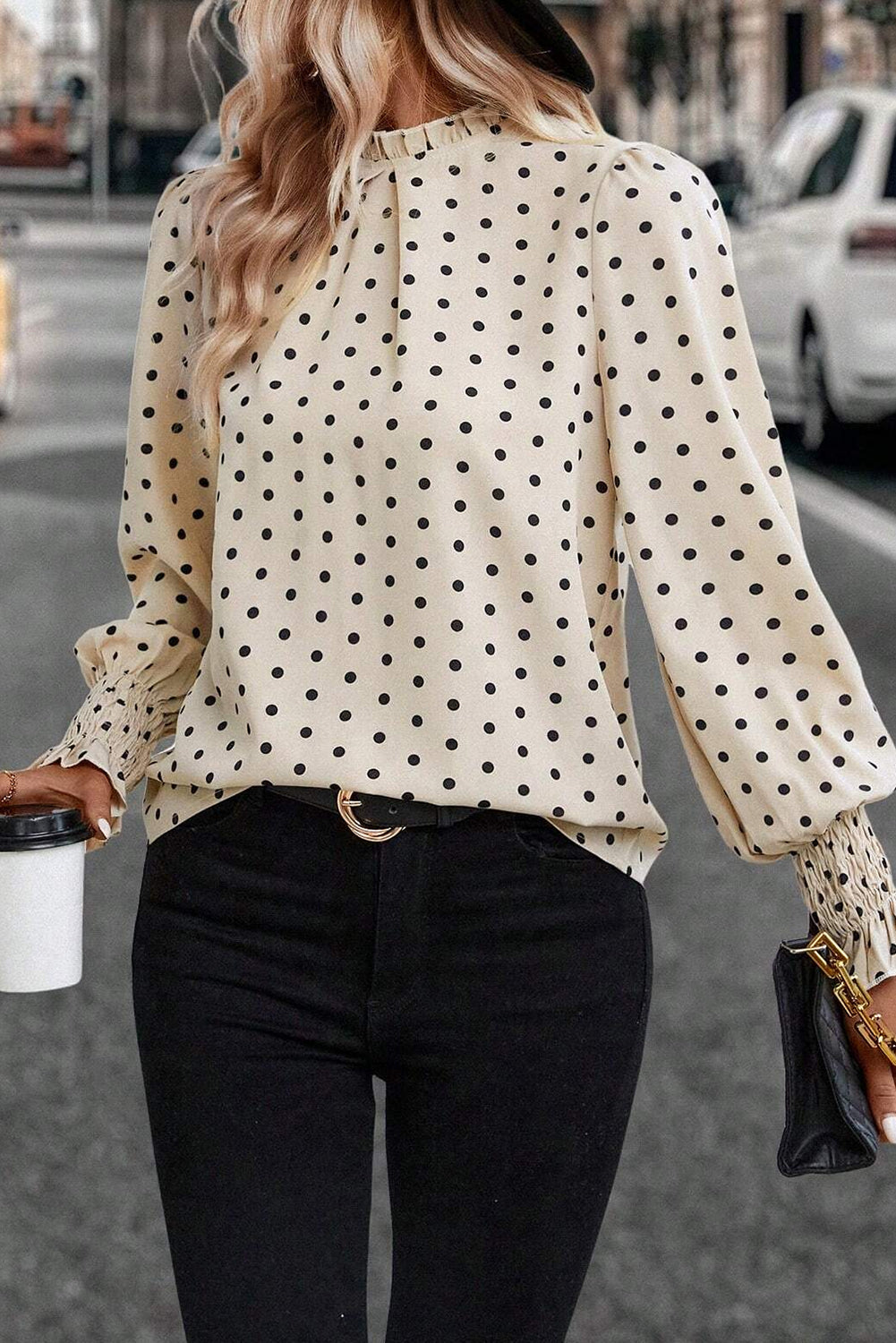PRE-ORDER: Apricot Polka Dot Print Frill Neck Smocked Lantern Sleeve Blouse