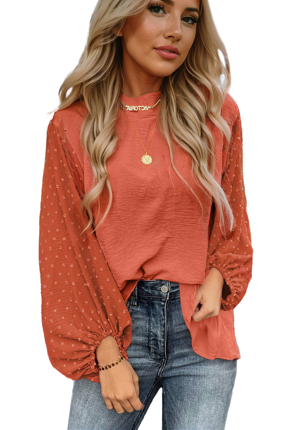 PRE-ORDER: Swiss Dot Balloon Sleeve Patchwork Crinkle Blouse