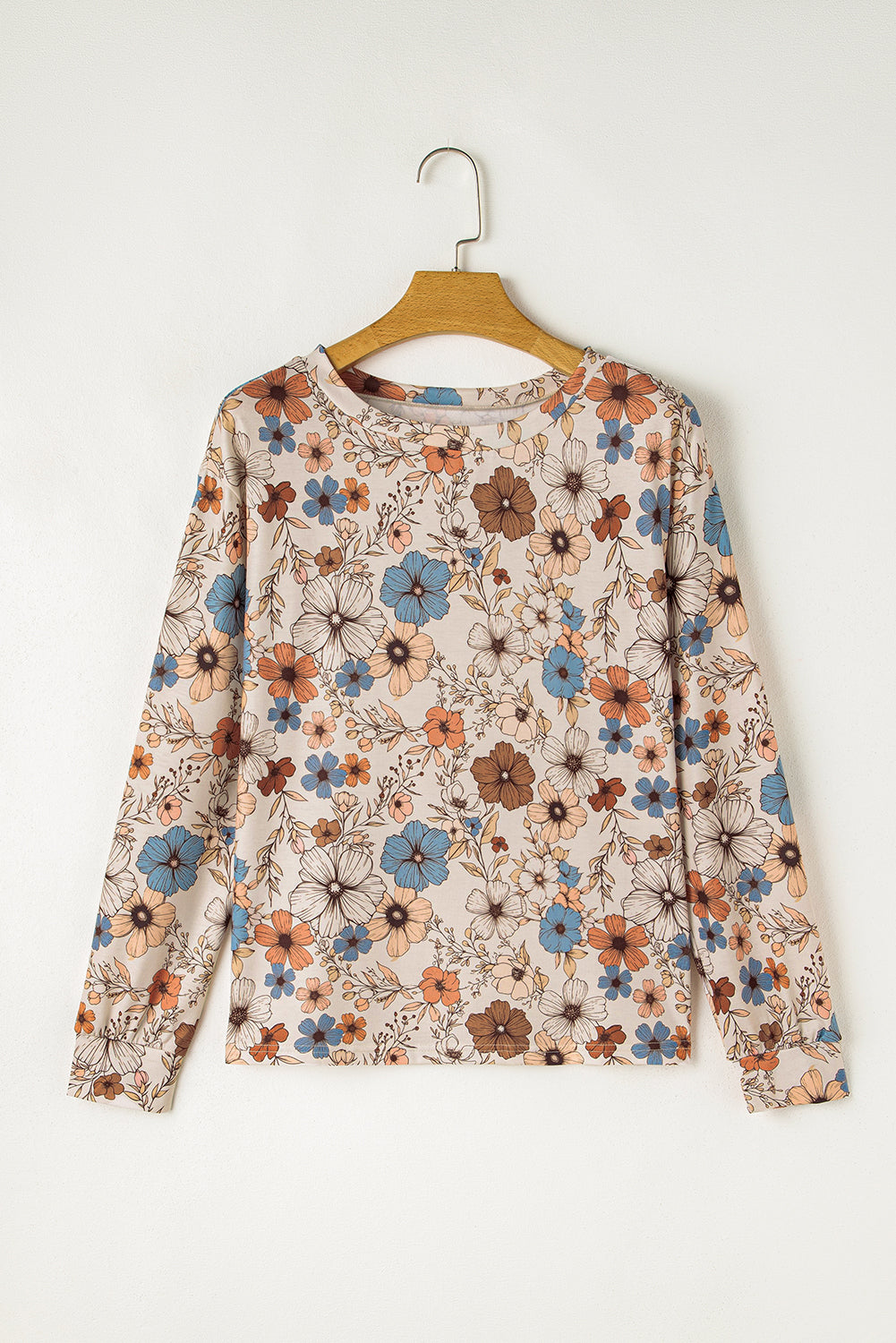 PRE-ORDER: Khaki Allover Floral Print Crew Neck Long Sleeve Top