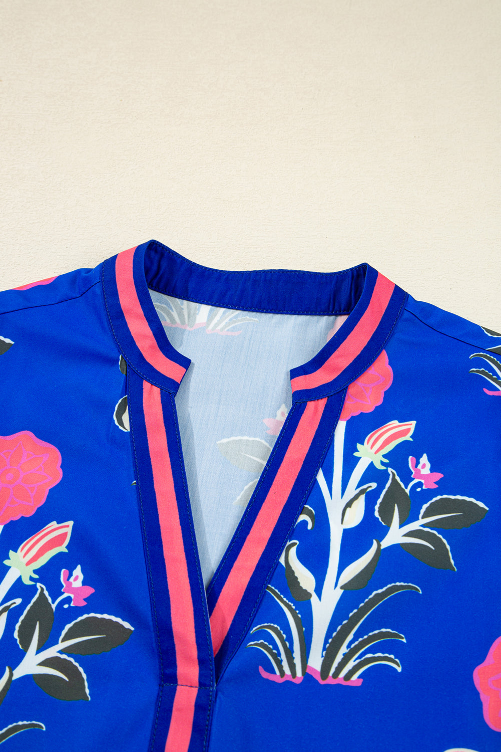 PRE-ORDER: Blue Floral Print Pop Of Color V Neck Puff Sleeve Blouse