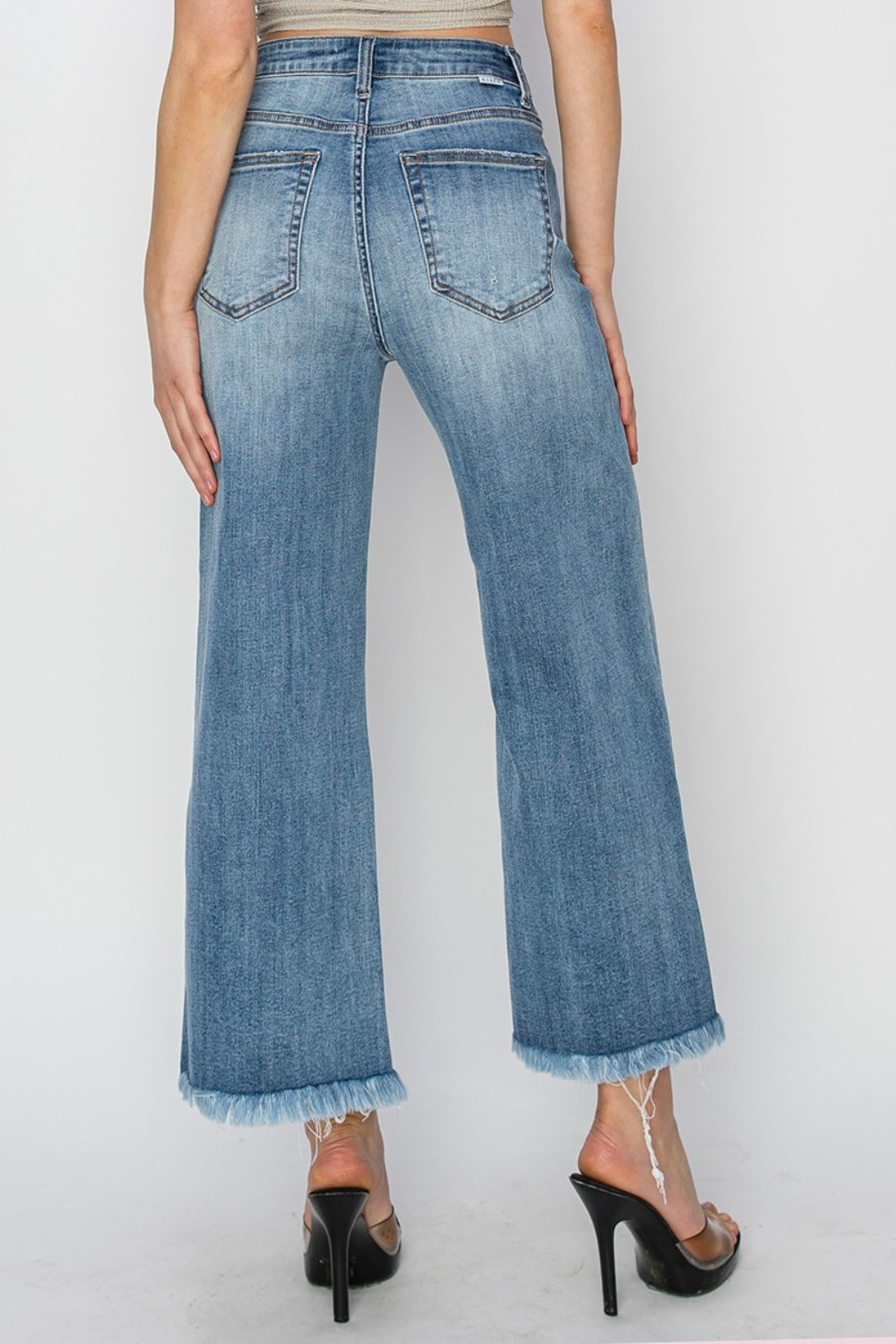 High Rise Raw Hem Cropped Wide Leg Jeans