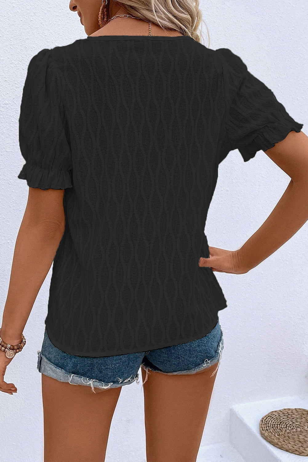 PRE-ORDER: Solid Color Textured Notched Neck Puff Sleeve Blouse