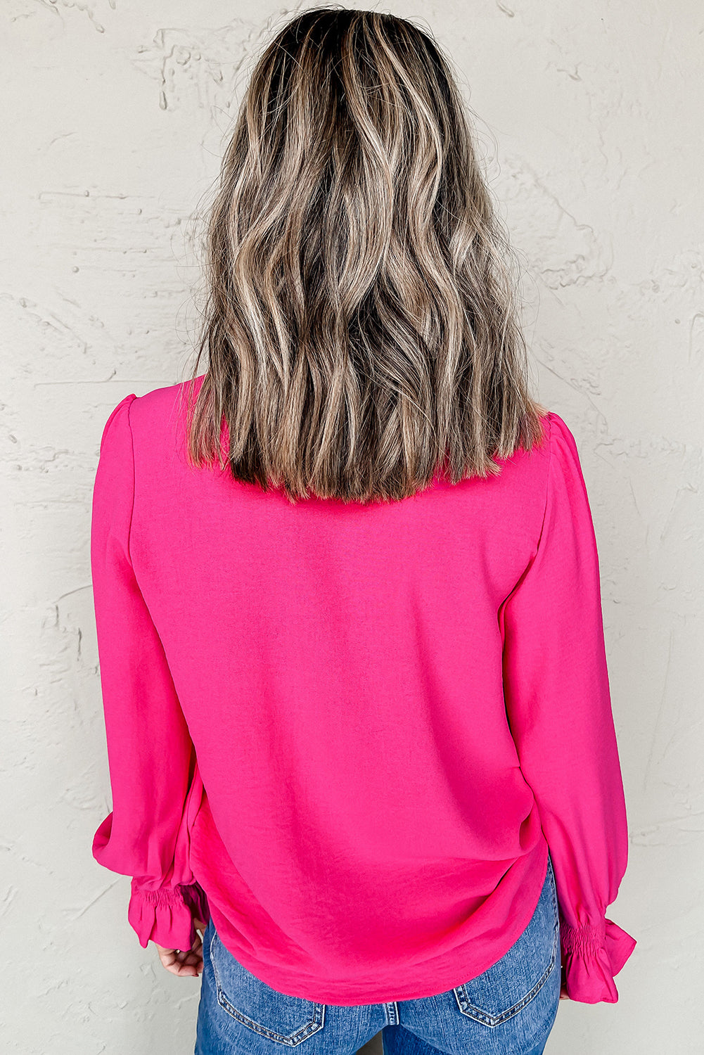 Solid Shirred Cuff V Neck Blouse