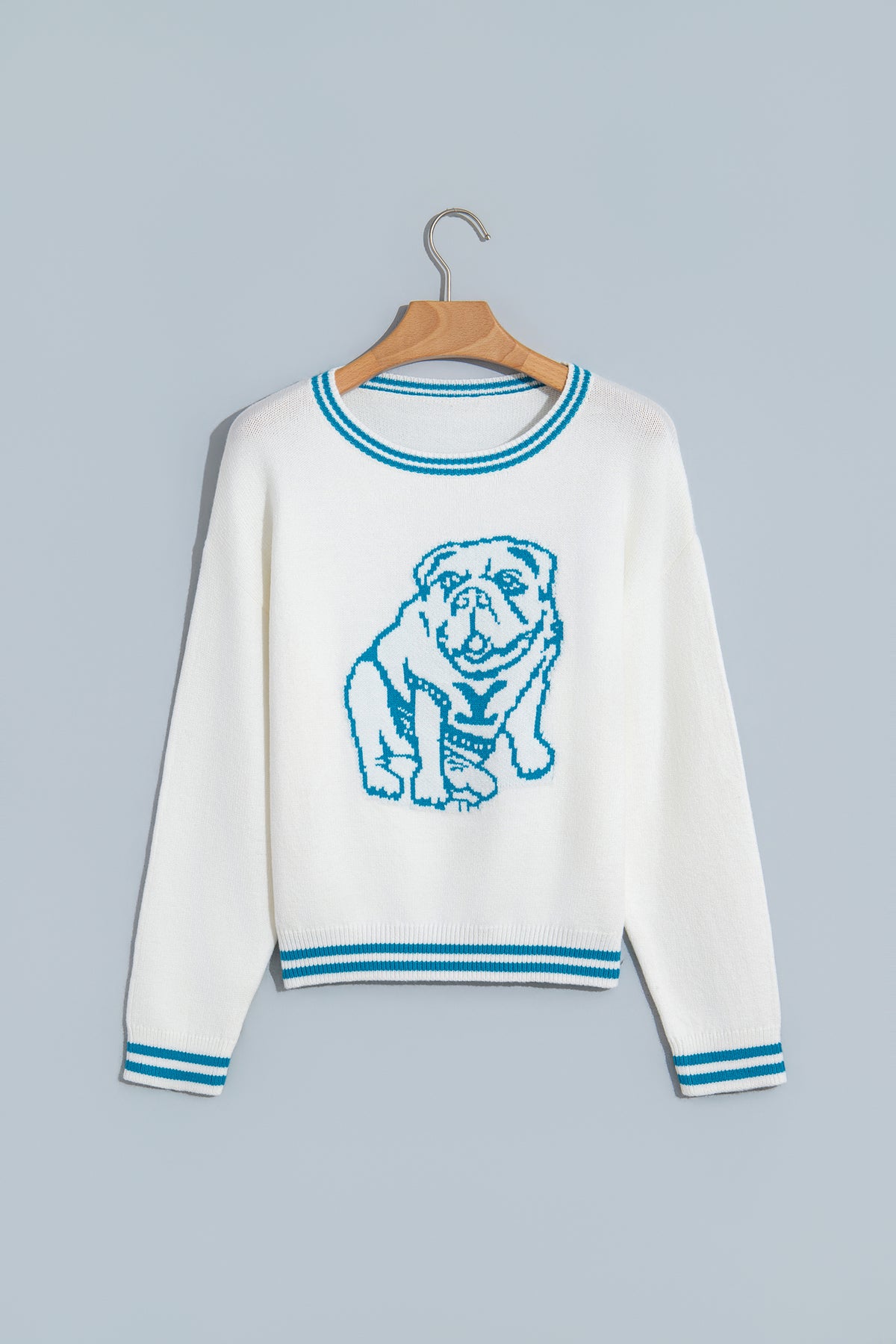 PRE-ORDER: Light Blue Bulldog Contrast Trim Round Neck Casual Sweater