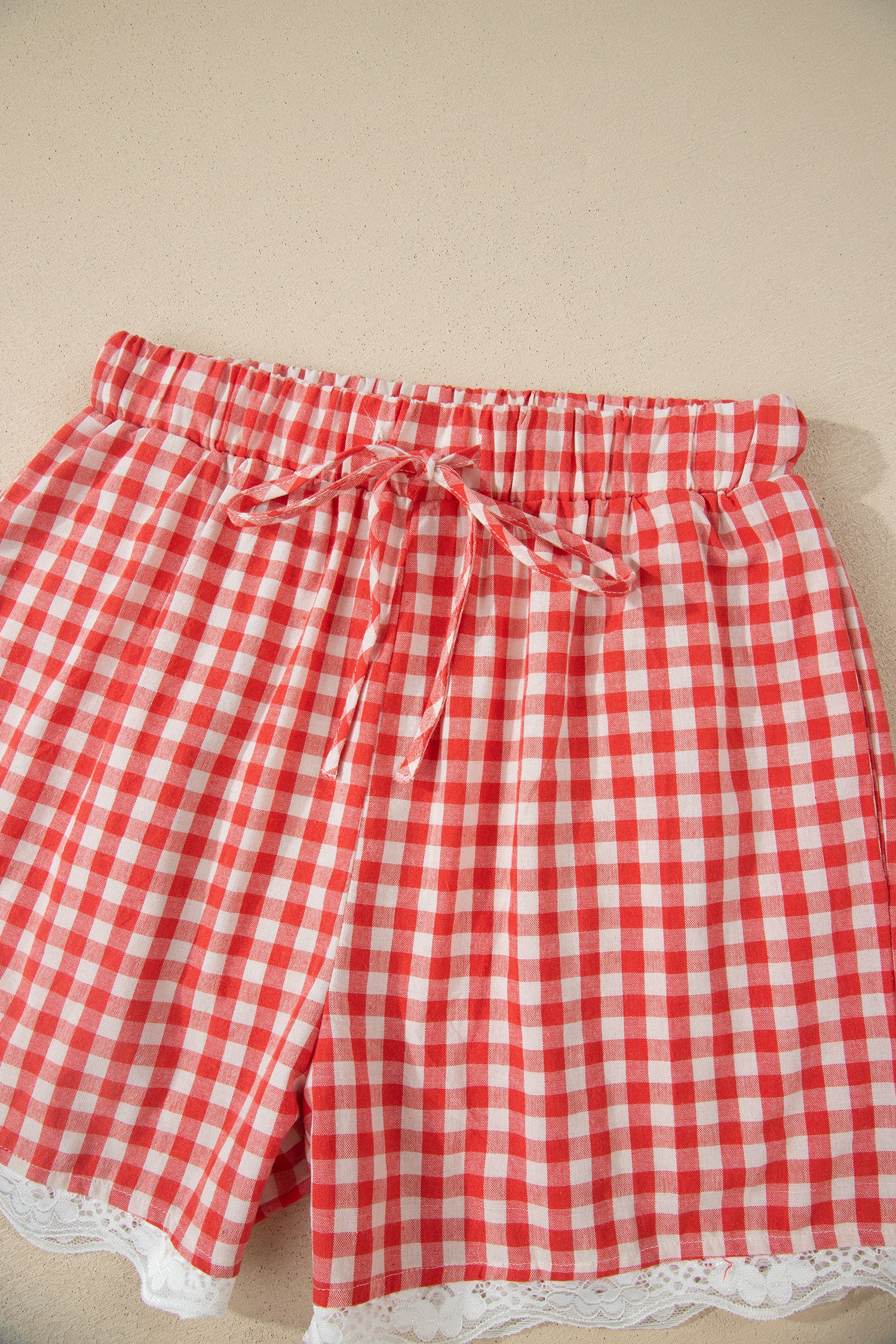 Gingham Plaid Tie Elastic Waist Lace Patchwork Hem Shorts
