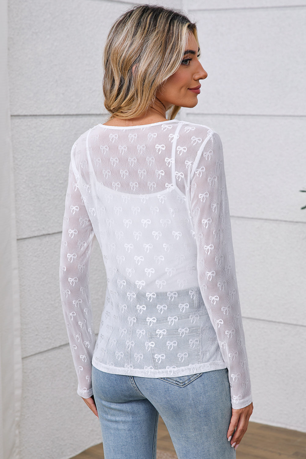 PRE-ORDER: Bow Pattern Long Sleeve Slim Fit Mesh Top