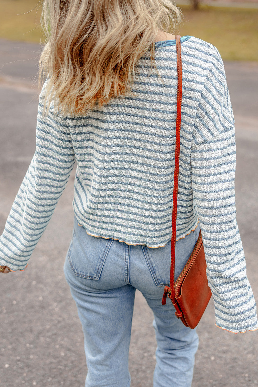 Striped Textured Frilly Trim Henley Long Sleeve Top