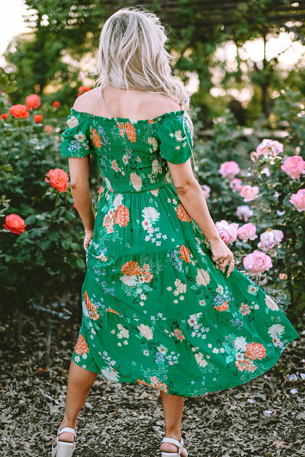 Floral Print Bubble Sleeve Smocked Tiered Midi Dress