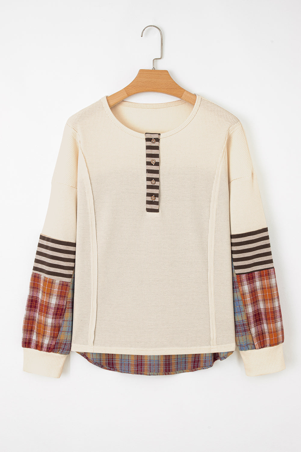 Striped Plaid Patchwork Waffle Knit Top