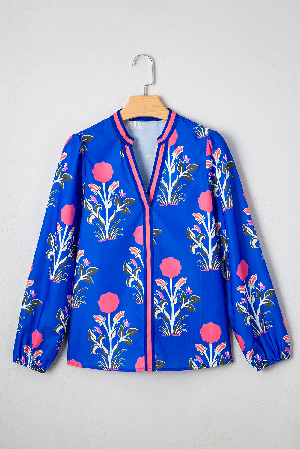 PRE-ORDER: Blue Floral Print Pop Of Color V Neck Puff Sleeve Blouse